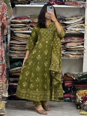 Designer Cotton Anarkali Suit Set with Handwork & Printed Mulmul Dupatta