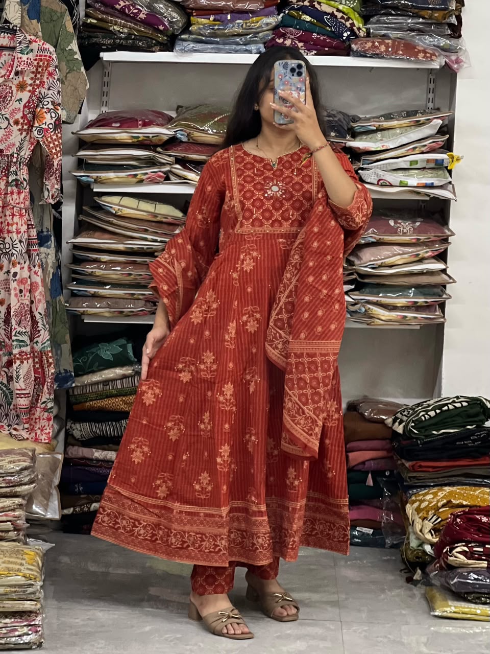 Designer Cotton Anarkali Suit Set with Handwork & Printed Mulmul Dupatta