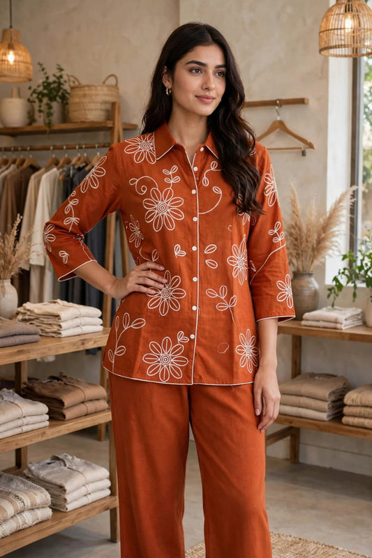 Premium Cotton Slub Co-Ord Set with Embroidered Top & Palazzo