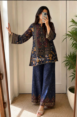 Floral Bagru Printed Cotton Kurta Set with Golden Lace Work