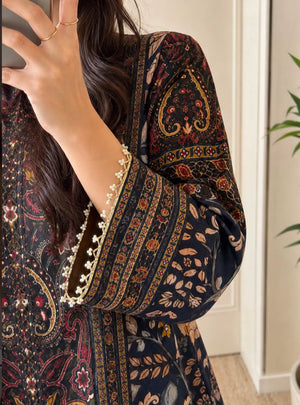 Floral Bagru Printed Cotton Kurta Set with Golden Lace Work