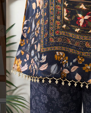 Floral Bagru Printed Cotton Kurta Set with Golden Lace Work