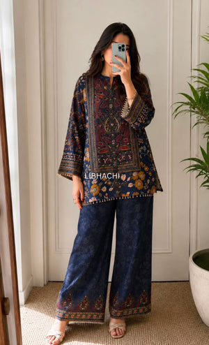 Floral Bagru Printed Cotton Kurta Set with Golden Lace Work