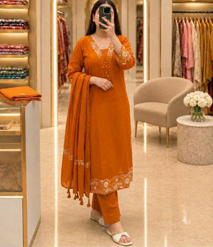 Elegant Cotton Anarkali Kurti Set with Palazzo Pants & Dupatta