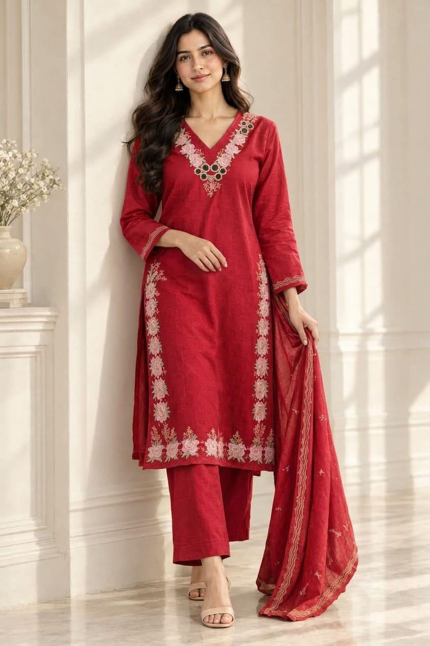 Premium Pure Cotton Straight Suit with Mirror & Embroidery Work
