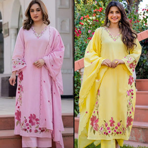 Premium A-Line Embroidered Cotton Suit Set with Pant & Dupatta