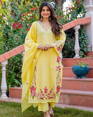 Premium A-Line Embroidered Cotton Suit Set with Pant & Dupatta