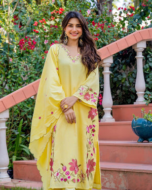 Premium A-Line Embroidered Cotton Suit Set with Pant & Dupatta
