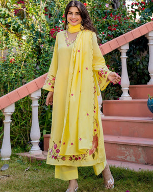 Premium A-Line Embroidered Cotton Suit Set with Pant & Dupatta