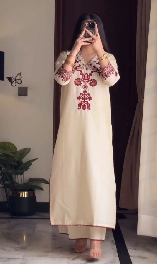 Premium Cotton Flex Hand-Embroidered Kurta Palazzo Co-Ord Set